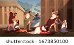 Bible narratives about the Massacre of the Innocents. Herod, king of Judea, order the execution of all male children two years old in Bethlehem. Christian bible character. Vector illustration