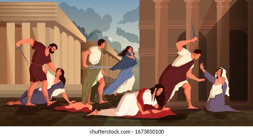 Bible Narratives About The Massacre Of The Innocents. Herod, King Of Judea, Order The Execution Of All Male Children Two Years Old In Bethlehem. Christian Bible Character. Vector Illustration