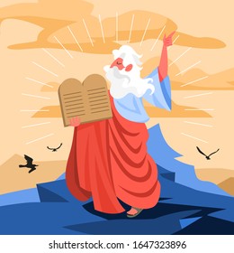 Bible narratives about Moses miracle. Christian bible character. Scripture history. Moses standing and holding Ten Commandments. Vector illustration