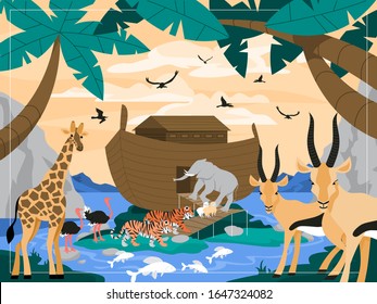 Bible narratives about Noah. Christian bible character. Scripture history. Noah build the Ark of the Covenant for animals. Vector illustration.