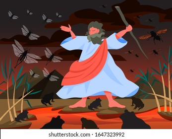 Bible Narratives About Plagues Of Egypt. Christian Bible Character. Scripture History. Moses Send Frog And Locust To Egypt. Vector Illustration.