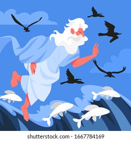 Bible Narratives About Six Days Of Creation. Christian Bible Character. Scripture History. Genesis Creation Narrative, God Create Bird And Fish. Vector Illustration