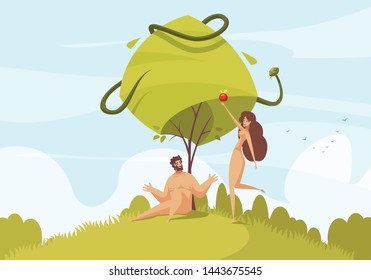 Bible narratives adam and eve composition with characters of our first parents with snake of temptation vector illustration