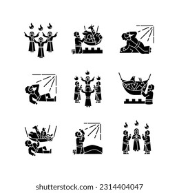 Bible narratives black glyph icons set on white space. Legends from Old and New Testament. Religious stories. Early christians. Silhouette symbols. Solid pictogram pack. Vector isolated illustration