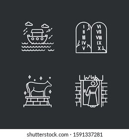 Bible narratives chalk icons set. The passover, the flood myths, ten commandments. Religious legends. Christian religion, holy book scenes. Biblical stories. Isolated vector chalkboard illustrations