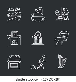 Bible narratives chalk icons set. Adam and Eve, Solomon Temple myths. Religious legends. Christian religion, holy and sacred book, Biblical stories plot. Isolated vector chalkboard illustrations