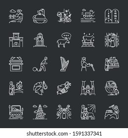 Bible narratives chalk icons set. Noah Ark, Babel tower. Moses, God myths. Religious legends. Christian religion, holy book scenes plot. Biblical stories. Isolated vector chalkboard illustrations