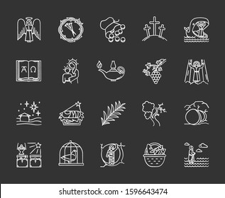 Bible narratives chalk icons set. Life of Jesus Christ. Gospel miracles and parables. Legends of Holy Scriptures. Old and New Testaments studying, learning. Isolated vector chalkboard illustrations