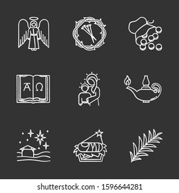 Bible narratives chalk icons set. Angel, thorns wreath and nails, 30 silver coins, Alpha and Omega, Virgin Mary, lamp, Christmas star, nursery, palm branch. Isolated vector chalkboard illustrations