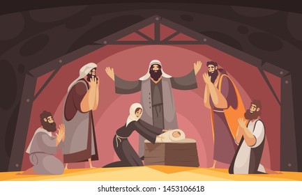 Bible narratives christmas composition with characters of wise men of east praying people and holy mother vector illustration