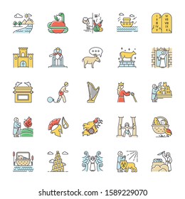 Bible narratives color icons set. Noah Ark, Babel tower. Moses, God myths. Religious legends. Christian religion, holy book scenes plot. Biblical stories. Isolated vector illustrations