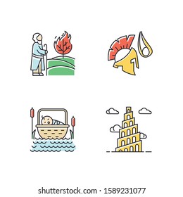 Bible narratives color icons set. The birth of Moses, David and Goliath, Babel tower myths. Religious legends. Christian religion, holy book scenes. Biblical stories. Isolated vector illustrations