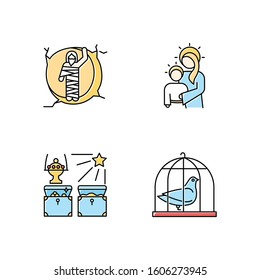 Bible narratives color icons set. Resurrected Lazarus, Virgin Mary with son Jesus, gifts of the magi, pigeon in cage. Easter week. Gospel stories. Holy writ. Isolated vector illustrations