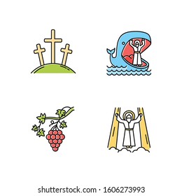 Bible narratives color icons set. Calvary, Jonah and whale, grapevine, ascension of Jesus Christ. Christian stories. Holy writ studying, learning. Isolated vector illustrations