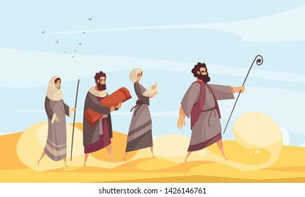 Bible narratives composition with desert scenery and character of moses leading people the way through sands vector illustration