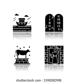 Bible narratives drop shadow black glyph icons set. The passover, the flood myths, ten commandments. Religious legends. Christian religion. Biblical stories plot. Isolated vector illustrations
