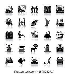 Bible narratives drop shadow black glyph icons set. Noah Ark, Babel tower. Moses, God myths. Religious legends. Christian religion, holy book scenes. Biblical stories. Isolated vector illustrations