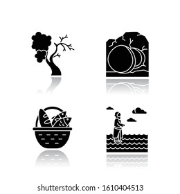 Bible narratives drop shadow black glyph icons set. Fig tree, open coffin, bread and fish, Jesus walking on water. Easter week. Christian miracles. Holy writ. Isolated vector illustrations