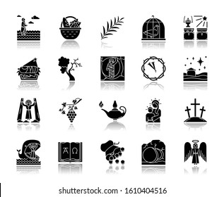 Bible narratives drop shadow black glyph icons set. Life of Jesus Christ. Gospel miracles and parables. Legends of Holy Scriptures. Old and New Testaments learning. Isolated vector illustrations