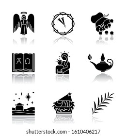 Bible narratives drop shadow black glyph icons set. Angel, thorns wreath, nails, 30 silver coins, Alpha, Omega, Virgin Mary, lamp, Christmas star, nursery, palm branch. Isolated vector illustrations