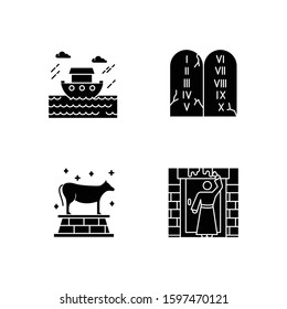 Bible narratives glyph icons set. The passover, the flood myths, ten commandments. Christian religion, holy book scenes. Biblical stories plot. Silhouette symbols. Vector isolated illustration