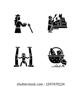 Bible narratives glyph icons set. Samson, manna and quail, The fall of Jericho myths. Christian religion, holy book scenes. Biblical stories plot. Silhouette symbols. Vector isolated illustration