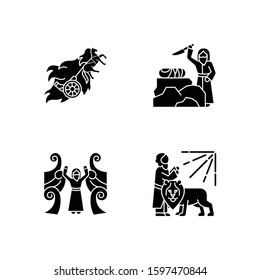 Bible narratives glyph icons set. Chariot of fire, binding of Isaac myths. Religious legends. Christian religion, holy book scenes. Biblical stories. Silhouette symbols. Vector isolated illustration