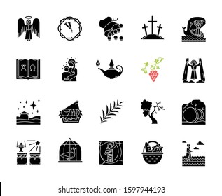 Bible narratives glyph icons set. Angel, thorns wreath, nails, 30 coins, Alpha, Omega, Virgin Mary, lamp, Christmas star, nursery, palm branch. Silhouette symbols. Vector isolated illustration