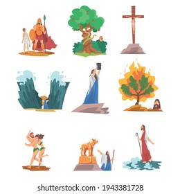 Bible Narratives with Goliath, Snake of Temptation and Expulsion of Adam and Eve from Paradise Vector Set