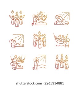Bible narratives gradient linear vector icons set. Legends from Testament. Religious stories. Early christians. Thin line contour symbol designs bundle. Isolated outline illustrations collection