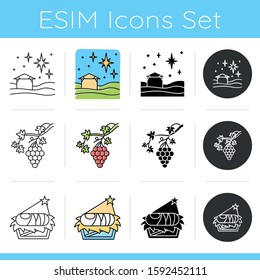 Bible narratives icons set. Christmas star, grapevine, nursery with Jesus. New Testament. Gospel learning. Christmas story. Flat design, linear, black and color styles. Isolated vector illustrations