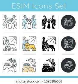 Bible narratives icons set. Crossing the Red sea myth. Religious legends. Christian religion, holy book scenes plot. Biblical stories. Linear, black and color styles. Isolated vector illustrations