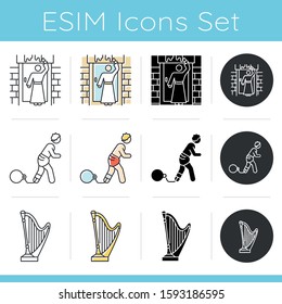 Bible narratives icons set. The Passover, Psalms of David myths. Religious legends. Christian religion. Biblical stories plot. Linear, black and color styles. Isolated vector illustrations