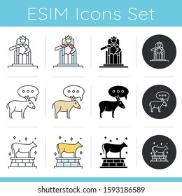 Bible narratives icons set. Solomon, Balaam donkey myths. Religious legends. Christian religion, holy book scenes. Biblical stories. Linear, black and color styles. Isolated vector illustrations