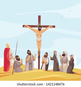 Bible narratives jesus crucifix composition with christ nailed to cross on mount calvary with praying people vector illustration