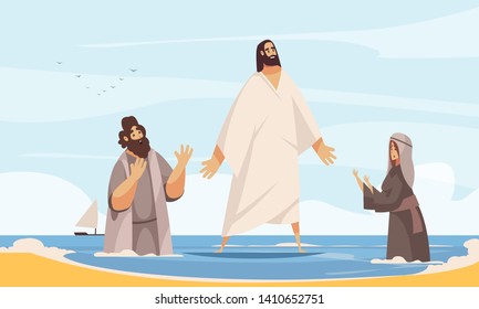 Bible narratives jesus water composition with doodle character of christ walking on water with praying people vector illustration