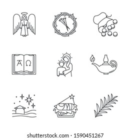 Bible narratives linear icons set. Angel, thorns wreath and nails, 30 coins, Alpha, Omega, Virgin Mary, Christmas. Thin line contour symbols. Isolated vector outline illustrations. Editable stroke