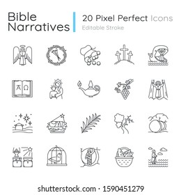 Bible narratives linear icons set. Life of Jesus Christ. Gospel miracles and parables. Legends of Holy Scriptures. Thin line contour symbols. Isolated vector outline illustrations. Editable stroke