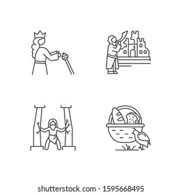 Bible narratives linear icons set. Samson, manna and quail, The fall of Jericho myths. Biblical stories plot. Thin line contour symbols. Isolated vector outline illustrations. Editable stroke