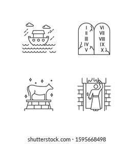 Bible narratives linear icons set. The passover, the flood myths, ten commandments. Biblical stories plot. Thin line contour symbols. Isolated vector outline illustrations. Editable stroke