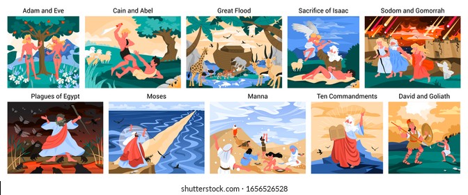 Bible narratives set. Adam and Eve, Noeh and Moses, David and Goliath. Christian bible character. Scripture history. Vector illustration.