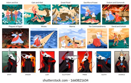 Bible narratives and seven deadly sins set. Adam and Eve, Noeh and Moses, David and Goliath. Anger, envy, lust and glottony. Pride, sloth and avarice. Christian bible character. Vector illustration.