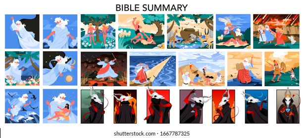 Bible narratives and seven deadly sins set. Adam and Eve, Noeh and Moses, David and Goliath. Anger, envy, lust and glottony. Pride, sloth and avarice. Christian bible character. Vector illustration.