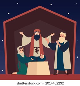 Bible Nativity Scene of adoration of the magi to newborn Jesus Christ and mother Mary, flat vector illustration. Christianity religion New testament narrative.