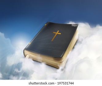 Bible, old book in the clouds vector illustration