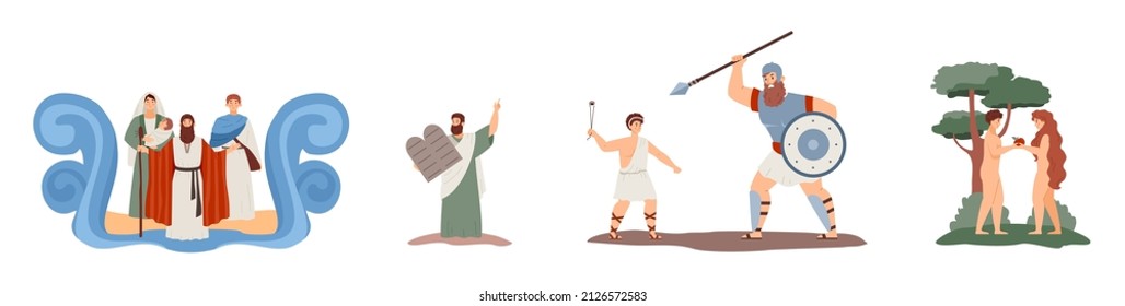 Bible Old Testament scenes with cartoon characters, flat vector illustration isolated on white background. Composition of Holy Scriptures religious stories.