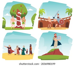 Bible Old Testament stories set with Moses, Adam and Eve with forbidden fruit and David with Goliath, flat vector illustration isolated on white background.