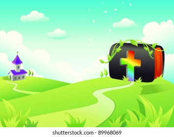 Bible on rolling landscape with church and Cross