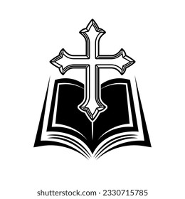 Silueta de libro abierto de la biblia e ilustración de vector cruzada cristiana en estilo negro sobre blanco