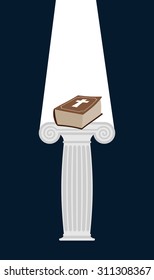  Bible is pedestal in  dark. Divine light illuminates a thick book. Gift of heaven. Vector illustration
